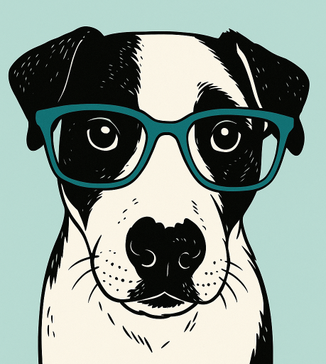 Illustration of a black and white dog wearing large blue glasses on a light blue background.