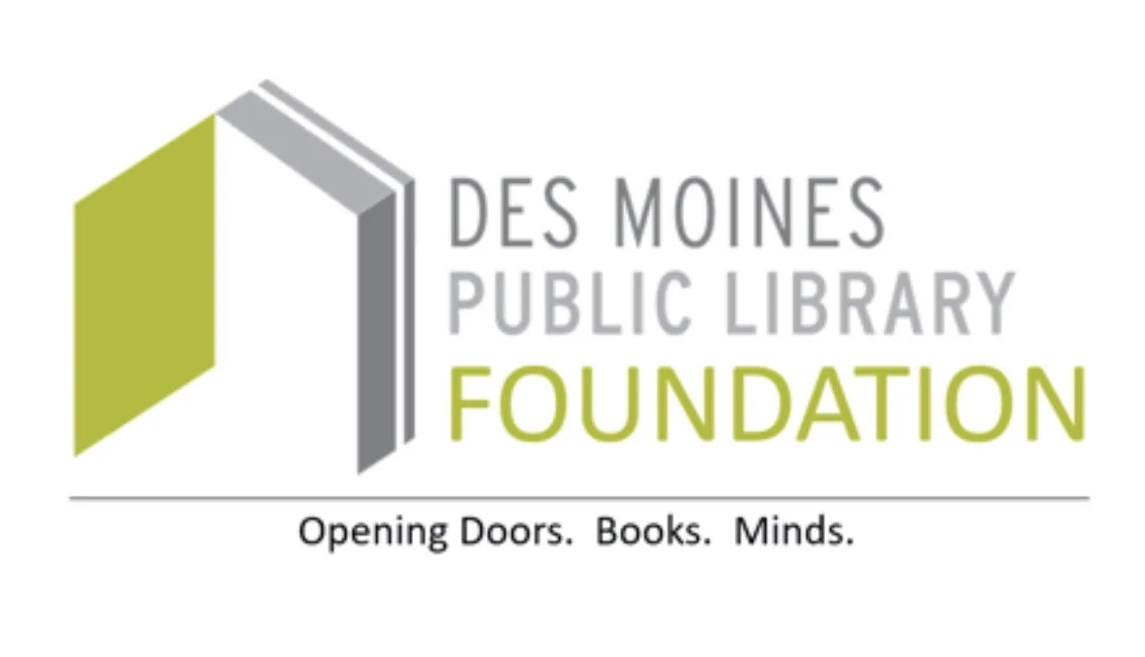 Logo of Des Moines Public Library Foundation featuring a stylized open book with the foundation's name and the slogan "Opening Doors. Books. Minds."