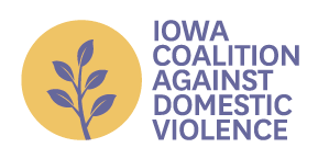 Logo of Iowa Coalition Against Domestic Violence featuring a yellow circle with a blue leaf inside.