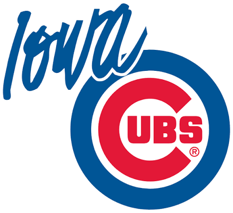 Iowa Cubs logo with the team name in blue script above the red and blue cubs circle logo.