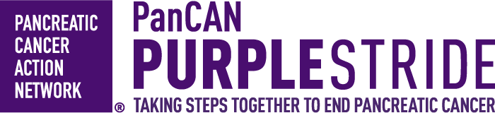 Logo for PanCAN PurpleStride, a pancreatic cancer awareness event, with text promoting taking steps together to end pancreatic cancer.