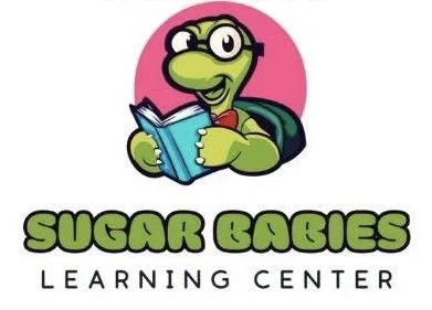 A cartoon turtle character with glasses, holding an open book, and a pink background. Below, the text says "Sugar Babies Learning Center" in green and black.