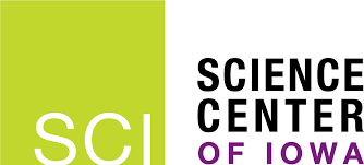 Logo of the Science Center of Iowa with an abstract green design and black and purple text