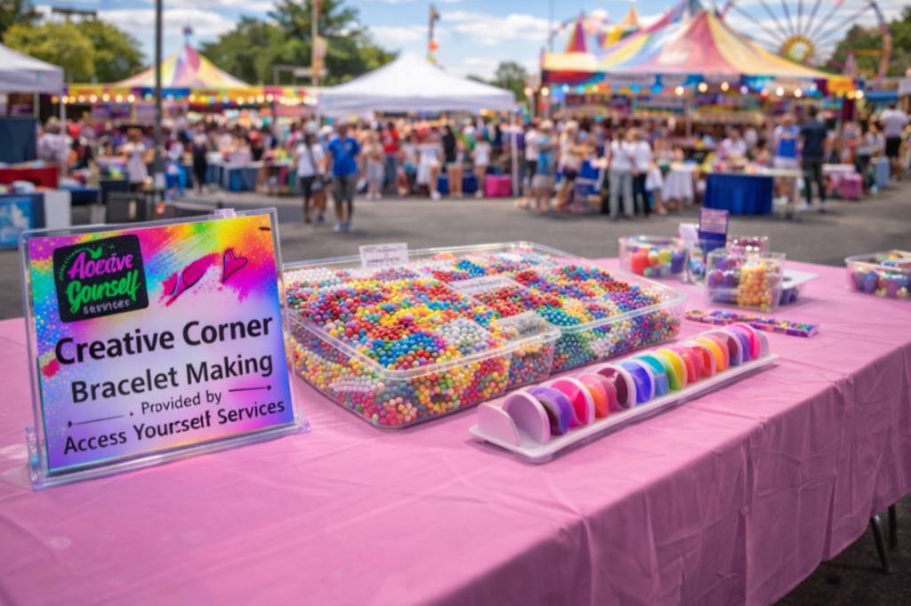 Table at a craft fair with a sign that reads 'Creative Corner Bracelet Making' and 'Provided by Access Yourself Services'. The table has colorful beads and bracelet-making supplies, with a carnival or fair in the background.