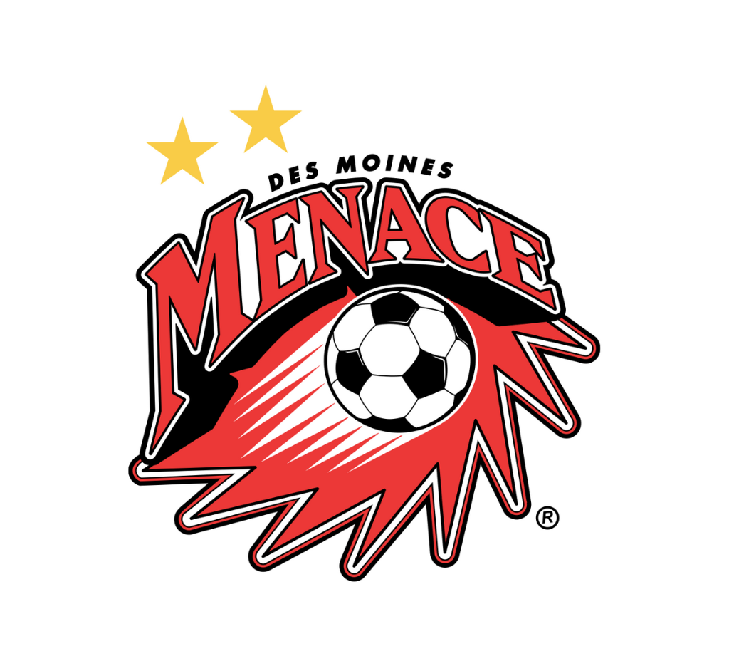 Logo of Des Moines Menace, a soccer team, featuring a soccer ball, two gold stars, and bold red and black lettering.
