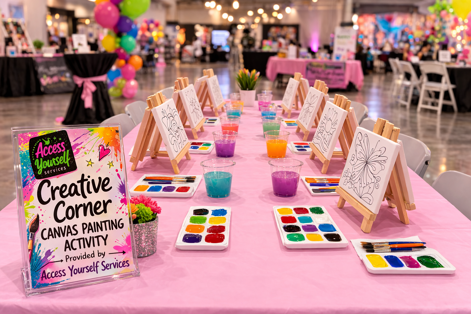 A long pink table set up for a canvas painting activity with small canvases on mini easels, paint palettes, and cups of colorful water. A sign in the foreground reads "Creative Corner Canvas Painting Activity provided by Access Yourself Services." The background features balloons and booths at an event.