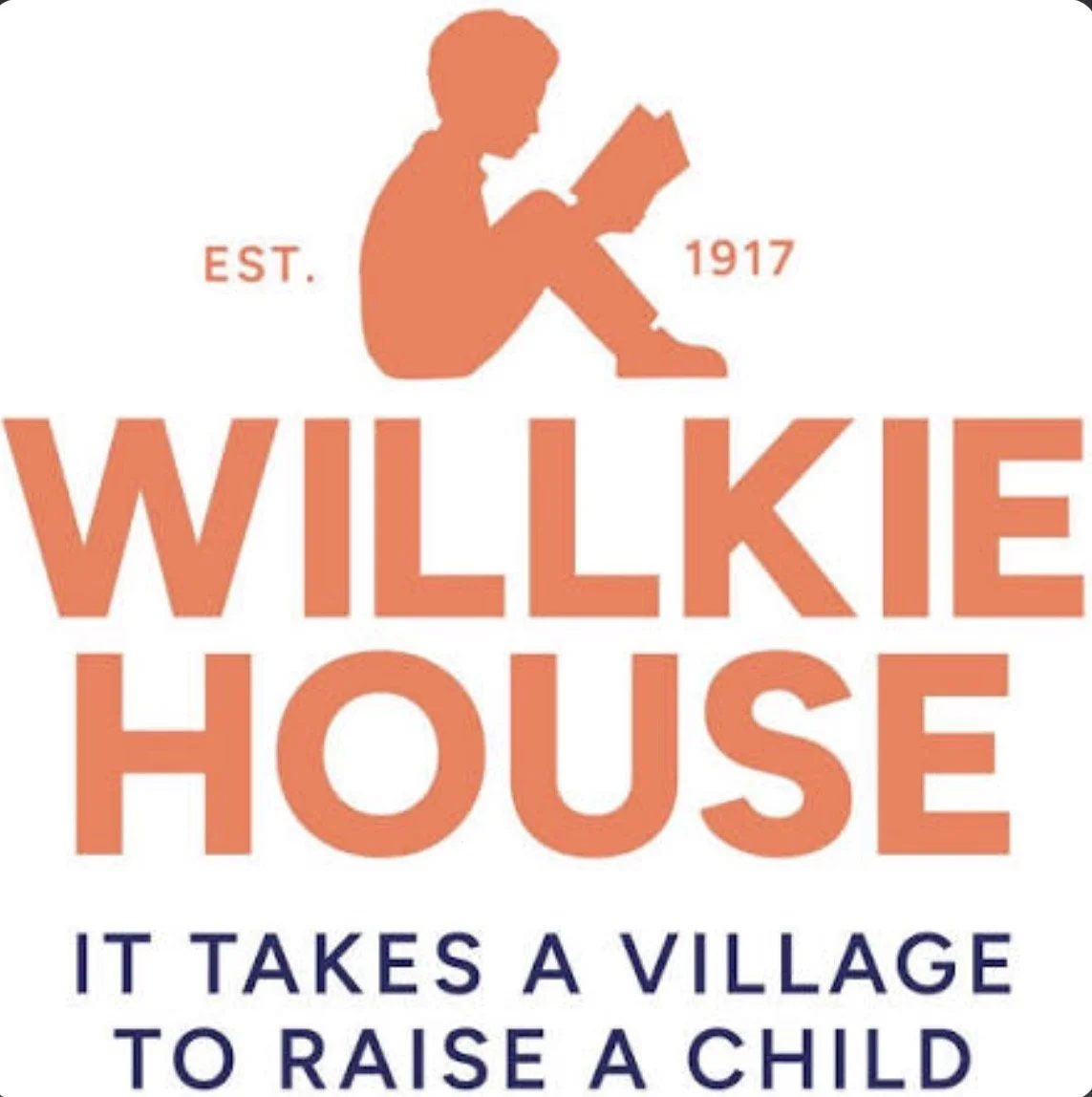 Logo for Willkie House featuring a silhouette of a child reading a book, with text 'EST. 1917', and the slogan 'It takes a village to raise a child'.