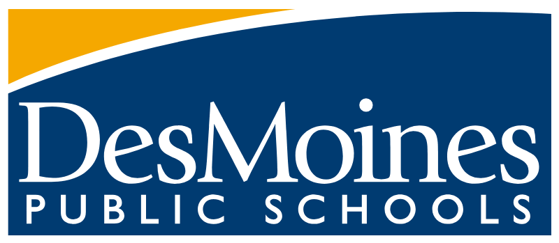 Des Moines Public Schools logo with a blue background, white text, and a gold and white curved stripe at the top.