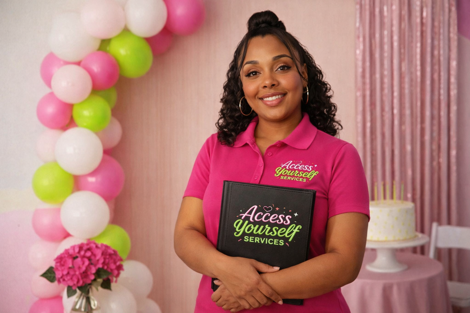 A woman smiling and holding a black folder with the words 'Access Yourself Services' in colorful letters stands at a decorated event with pink, white, and green balloons, a pink curtain, and a white cake with yellow polka dots.