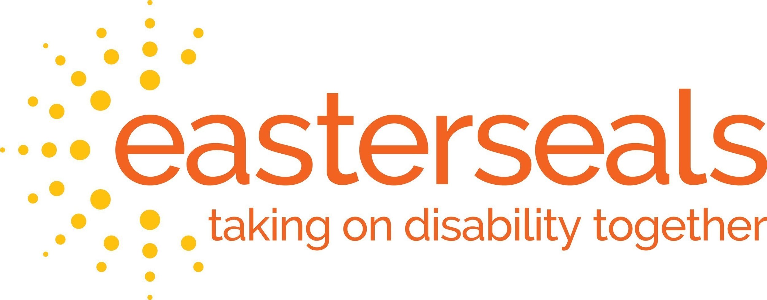Easterseals logo with orange text and yellow dots, plus the tagline 'taking on disability together'.