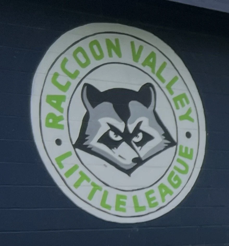 Logo of Raccoon Valley Little League, featuring a stylized raccoon face in black, gray, and white, with green text around it.