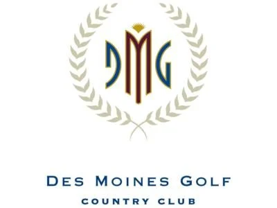 Logo of Des Moines Golf Country Club featuring a laurel wreath and stylized initials DMG.
