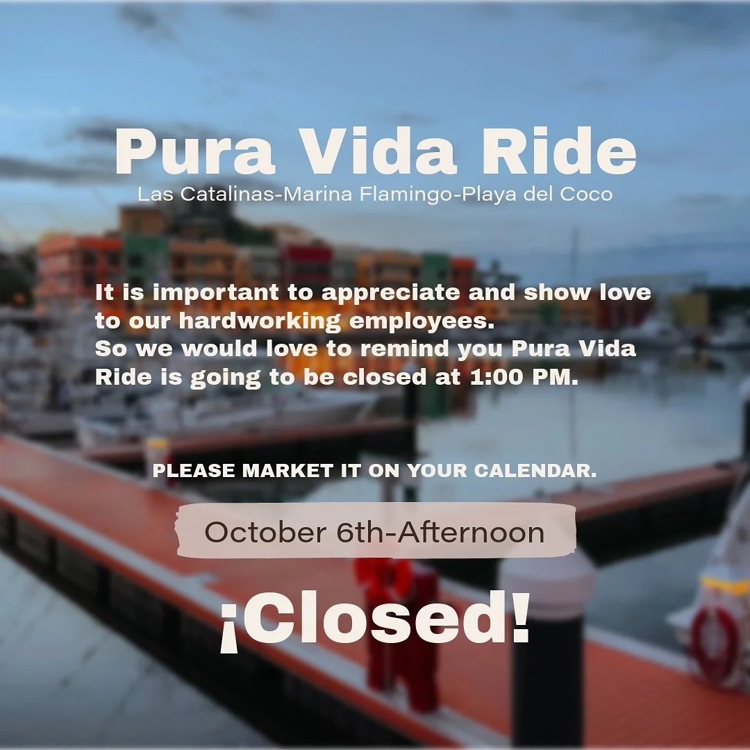 It&rsquo;s important to take a moment to appreciate and show love to our hardworking team.

That&rsquo;s why Pura Vida Ride will be closing early at 1:00 PM on Monday, October 6th.

Please mark it on your calendar &mdash; we&rsquo;ll be back the next