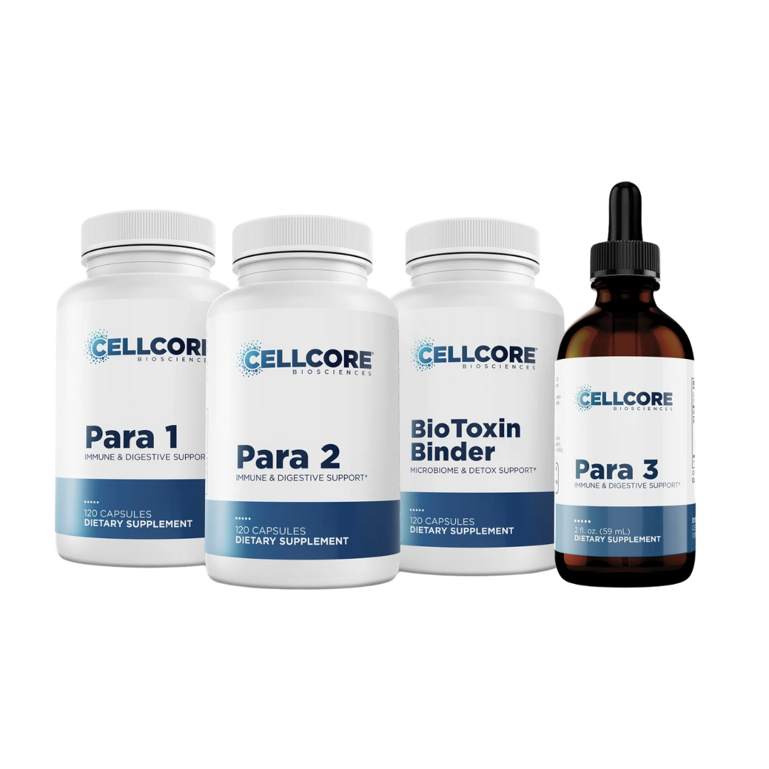Supplements from Cellcore Biosciences labeled Para 1, Para 2, BioToxin Binder, and Para 3 in bottles and a dropper bottle.