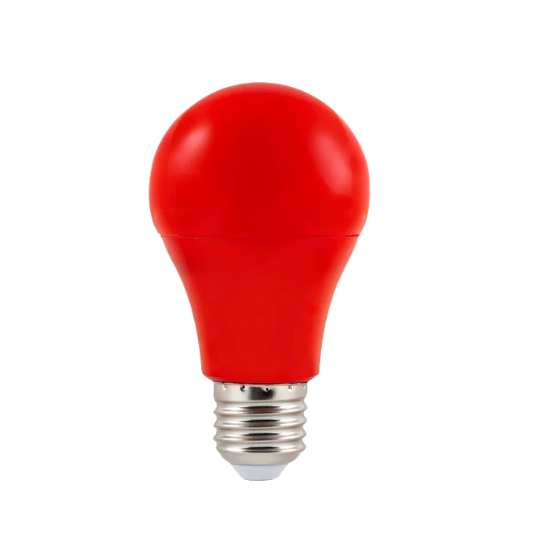 Red LED light bulb with a metallic screw base.