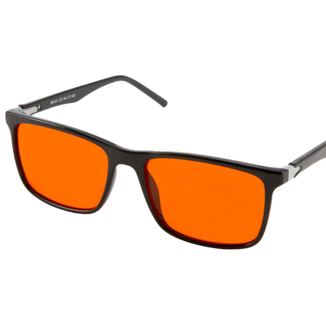A pair of sunglasses with black frames and orange mirror lenses.