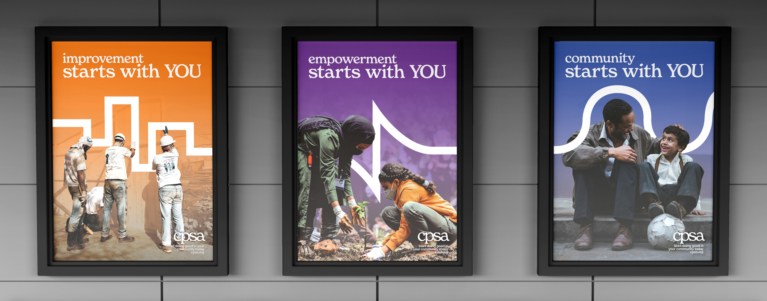 Three posters showing the CPSA "Starts with You" campaign. Each one shows a different area that the company focuses on through photography, brand colors, and white line elements. The bottom right corner includes a logo, call to action, and website.