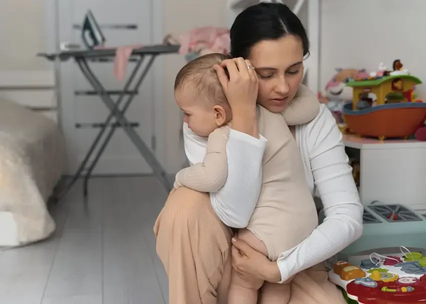A mother who’s having postpartum depression and intrusive thoughts while holding her baby - Whole Mother Story