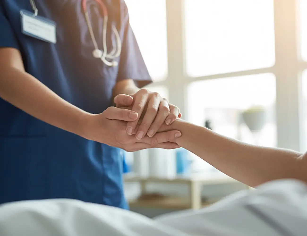 A nurse gently holds the hand of a patient, providing comfort and support in a healthcare setting.