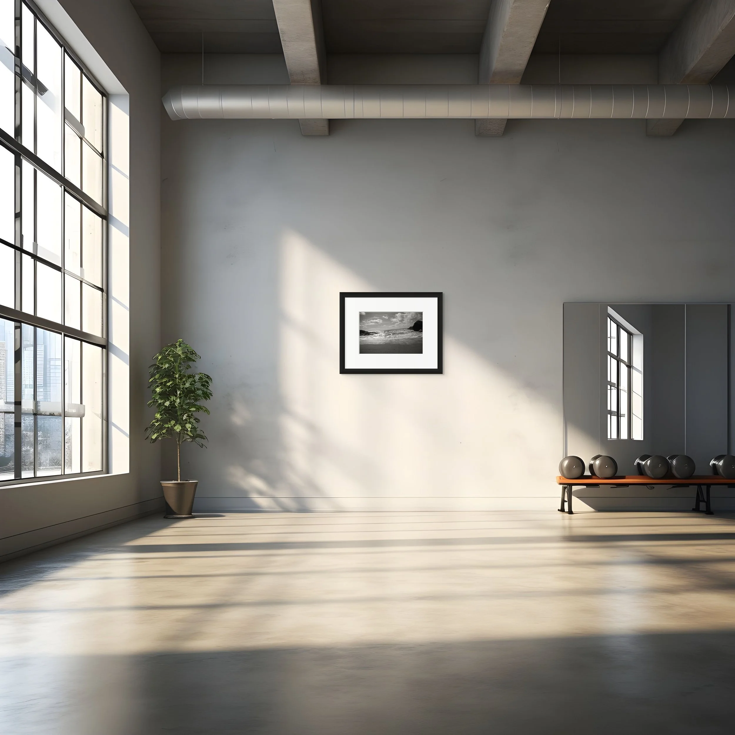 A bright, modern room with large windows, a potted plant, a black-and-white photo on the wall, and a bench holding round objects. A mirror reflects part of the space, which has exposed ceiling pipes.