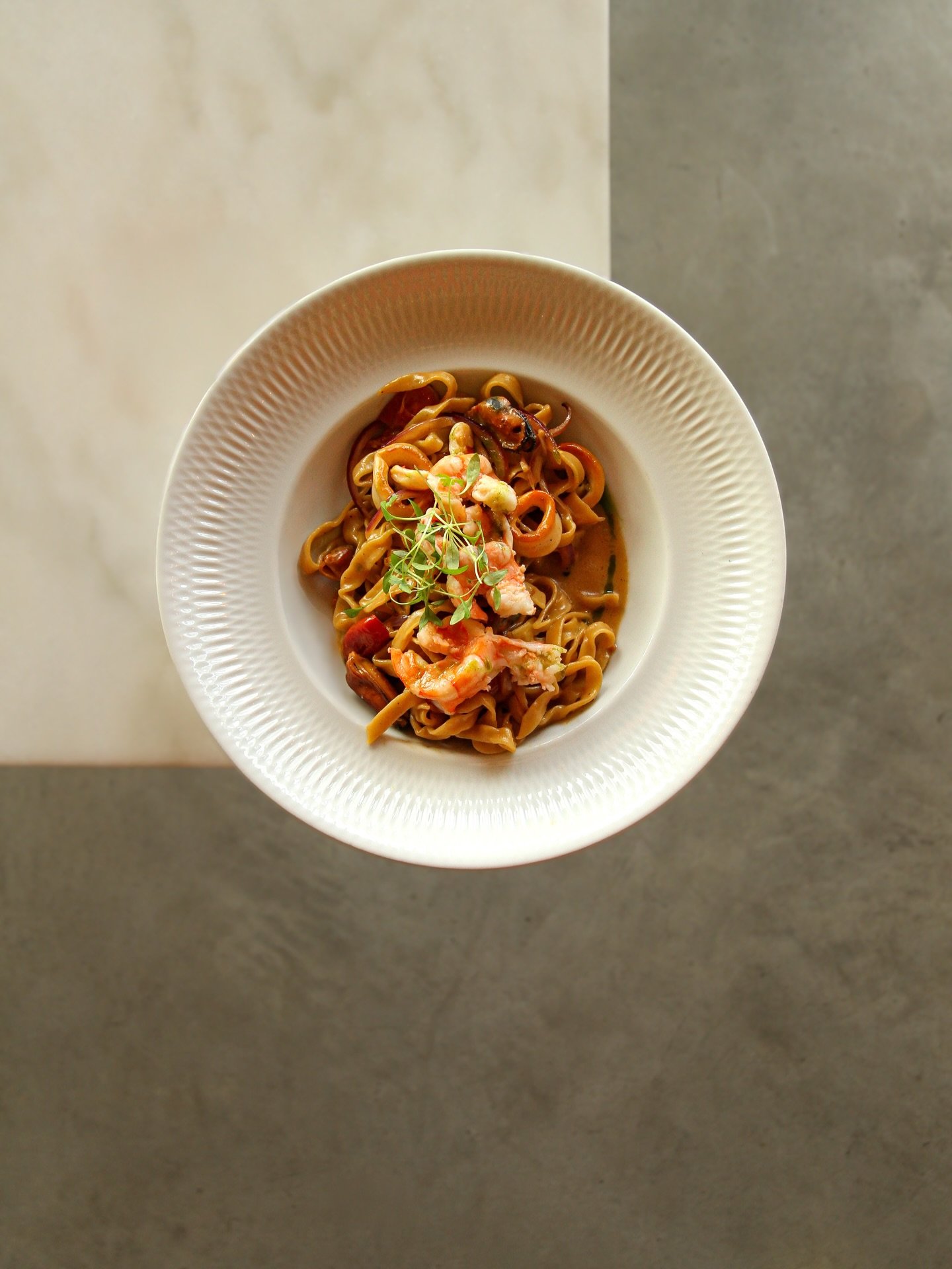 Tagliatelle ai Frutti di Mare
Homemade fresh pasta tossed with mussels, prawns, and squid in a delicate white wine sauce with cherry tomatoes, garlic, and aromatic herbs.

&mdash;&mdash;&mdash;

Tagliatelle ai Frutti di Mare
Pasta fresca caseira salt