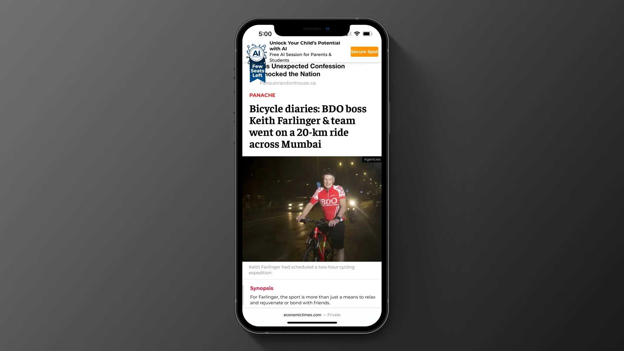 Image iPhone with an article of BDO International CEO Keith Farlinger