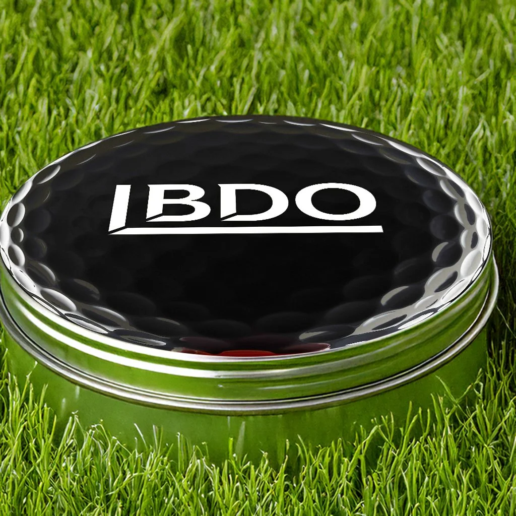 Image of aluminum tin can with a golf ball and BDO logo label