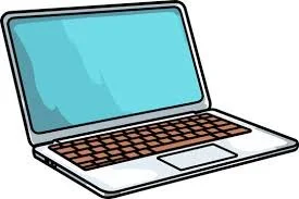 Illustration of a laptop with a blue screen and brown keyboard.