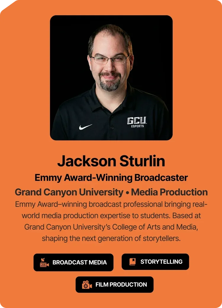 Jackson Sturlin, Emmy award-winning broadcaster speaking about media production careers at Artist Spotlight Youth Media and Tech Expo