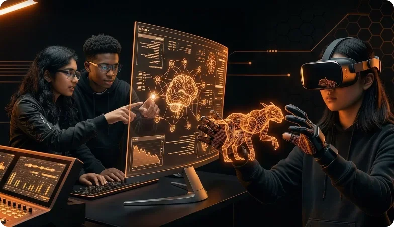 Students working on AI, animation, and music production at Artist Spotlight Youth Media and Tech Expo showcasing real-world tech and creative careers