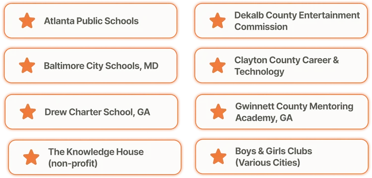 Schools and organizations partnered with Artist Spotlight including Atlanta Public Schools, Baltimore City Schools, Boys and Girls Clubs, and other education and youth programs
