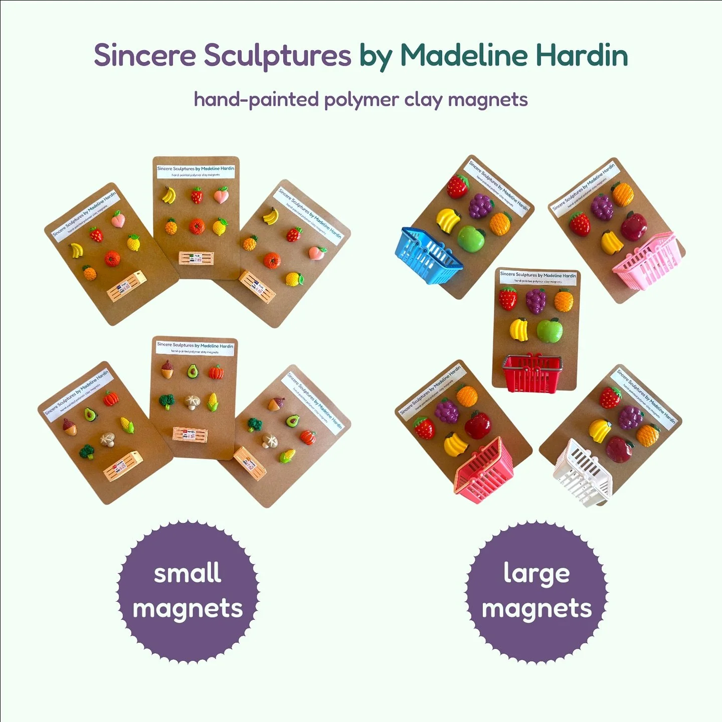 I&rsquo;m super excited to be sharing my first magnet collection!! 🌽🍑🥦🍇🍎🥕 

These fruit &amp; veggie magnets are handmade from polymer clay, carefully hand-painted, sealed with a durable clear coat, and backed with super-strong rare earth magne