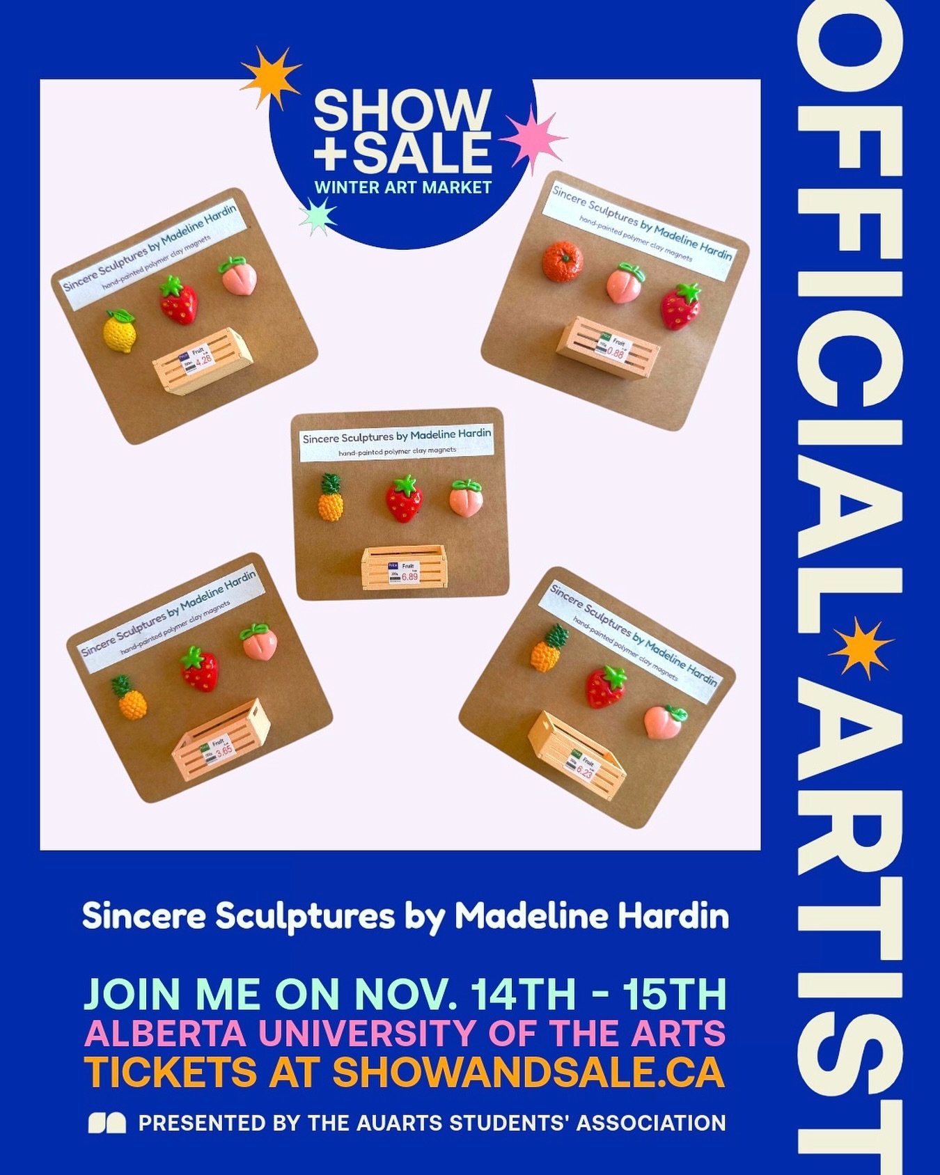 I&rsquo;m excited to be a participating artist at the AUArts SA Show + Sale Winter Market this year! I&rsquo;ll be selling my polymer clay fruit &amp; veggie magnets 🍓🌽🍇

75% of your Show + Sale purchase goes directly into my pocket to fund my art