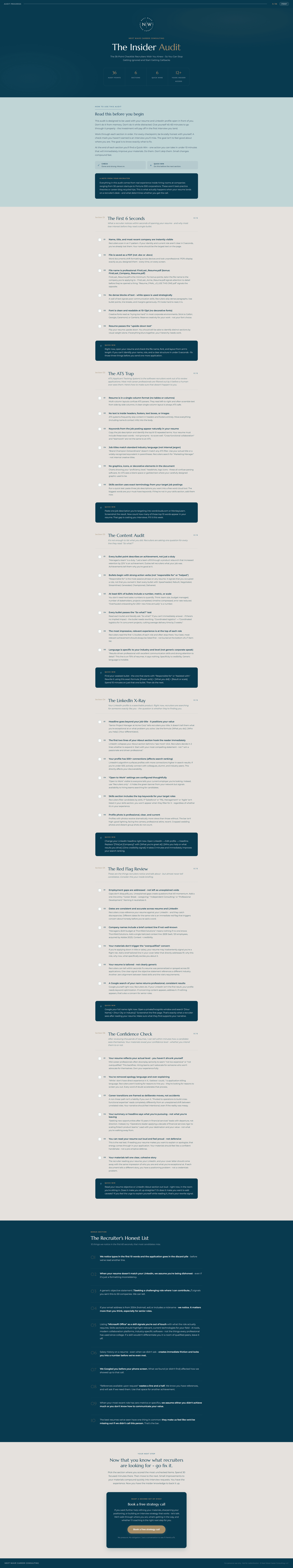 Screenshot of the Next Wave interactive Job Search Audit checklist