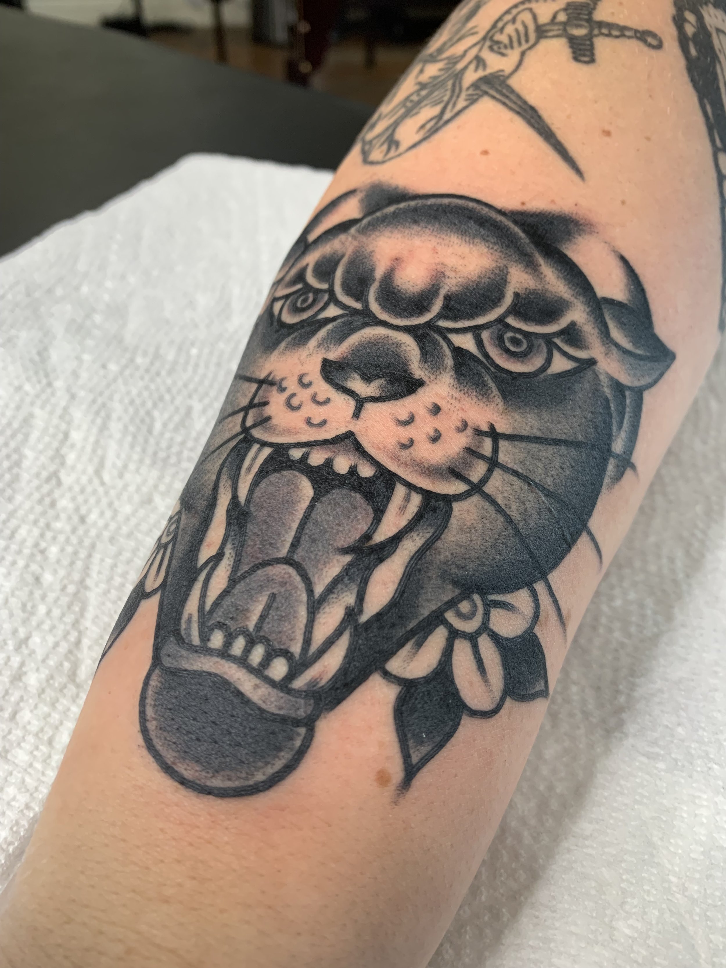 A black and gray tattoo of a screaming animal, possibly a dog or wolf, with detailed features and shading, on a person's forearm.