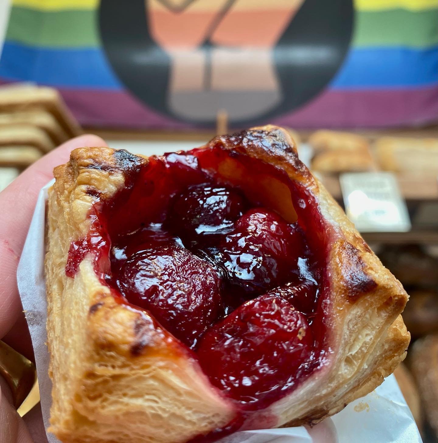 From today through Thursday, May 26th, both our @ferrybuilding bakery and our original Berkeley bakery will be donating all profits from sales of our Cherry Mini Puff to the racial justice task force of @wnypeace , in support of their work for peace 