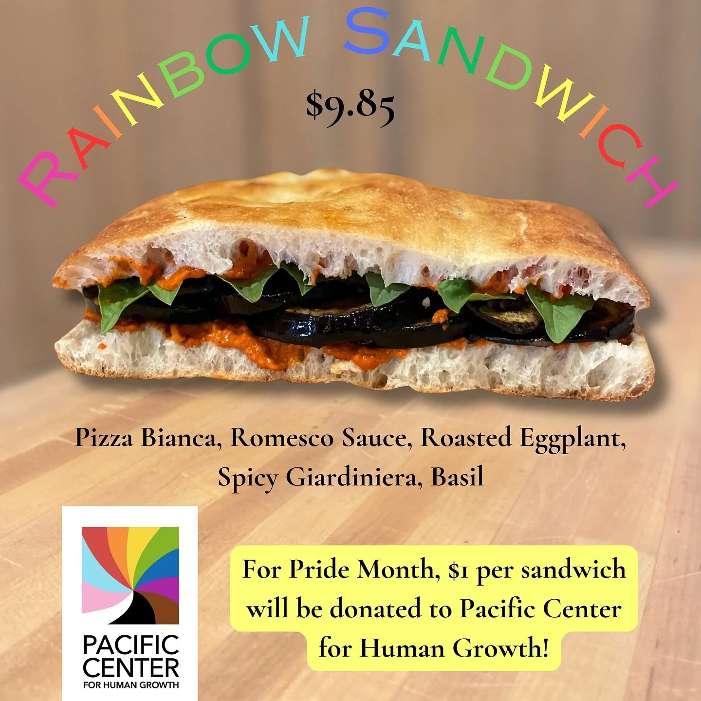 Introducing our Rainbow Sandwich! &mdash; Pizza Bianca, Romesco (piquillo peppers, almonds, EVOO, breaderumbs, tomatoes, sherry vinegar, garlic, smoked paprika, salt), Roasted Eggplant, Spicy Giardiniera, Basil &mdash; 🏳️&zwj;🌈 &amp; For Pride Mont