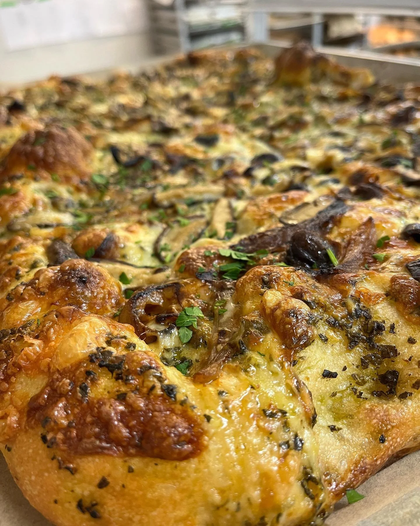 We&rsquo;re pretty excited about our current seasonal pizza offering: housemade kale pesto, roasted shallots, coquillo olives and @farwestfungi shiitake mushrooms.