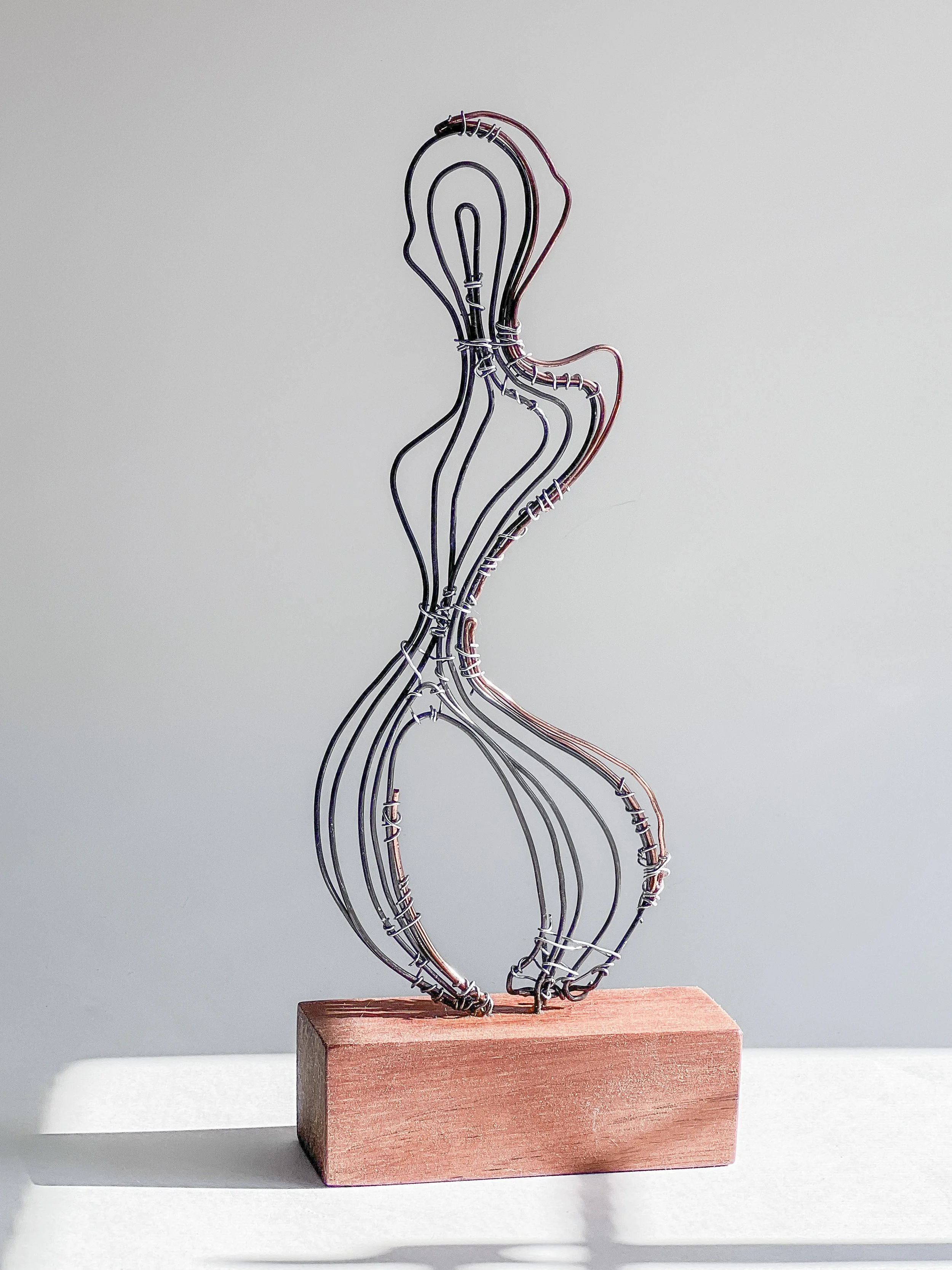Abstract wire figure mounted to cedar