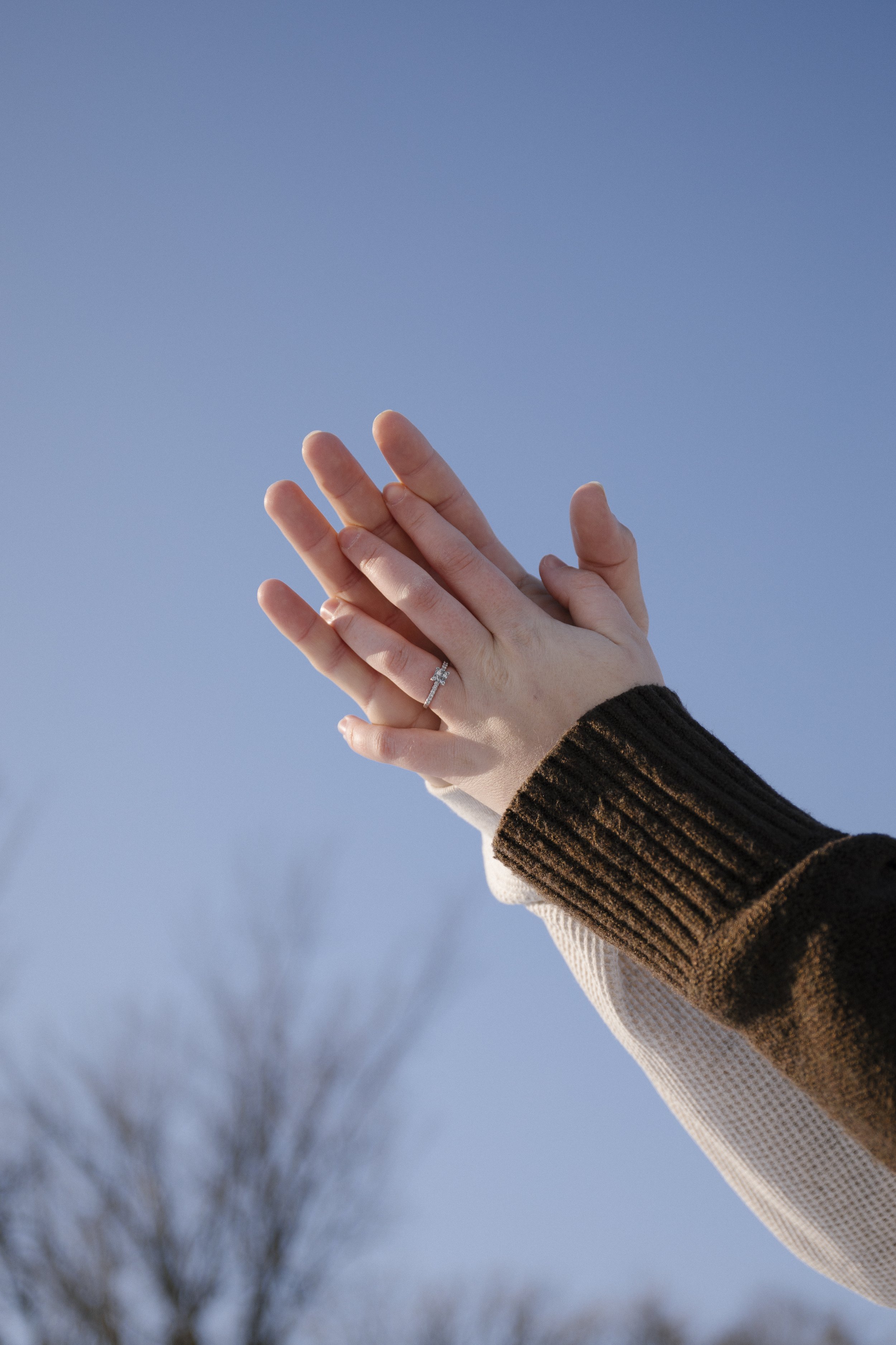 Two hands with an engagement ring claps together against a bright blue sky with blurry tree branches in the background.