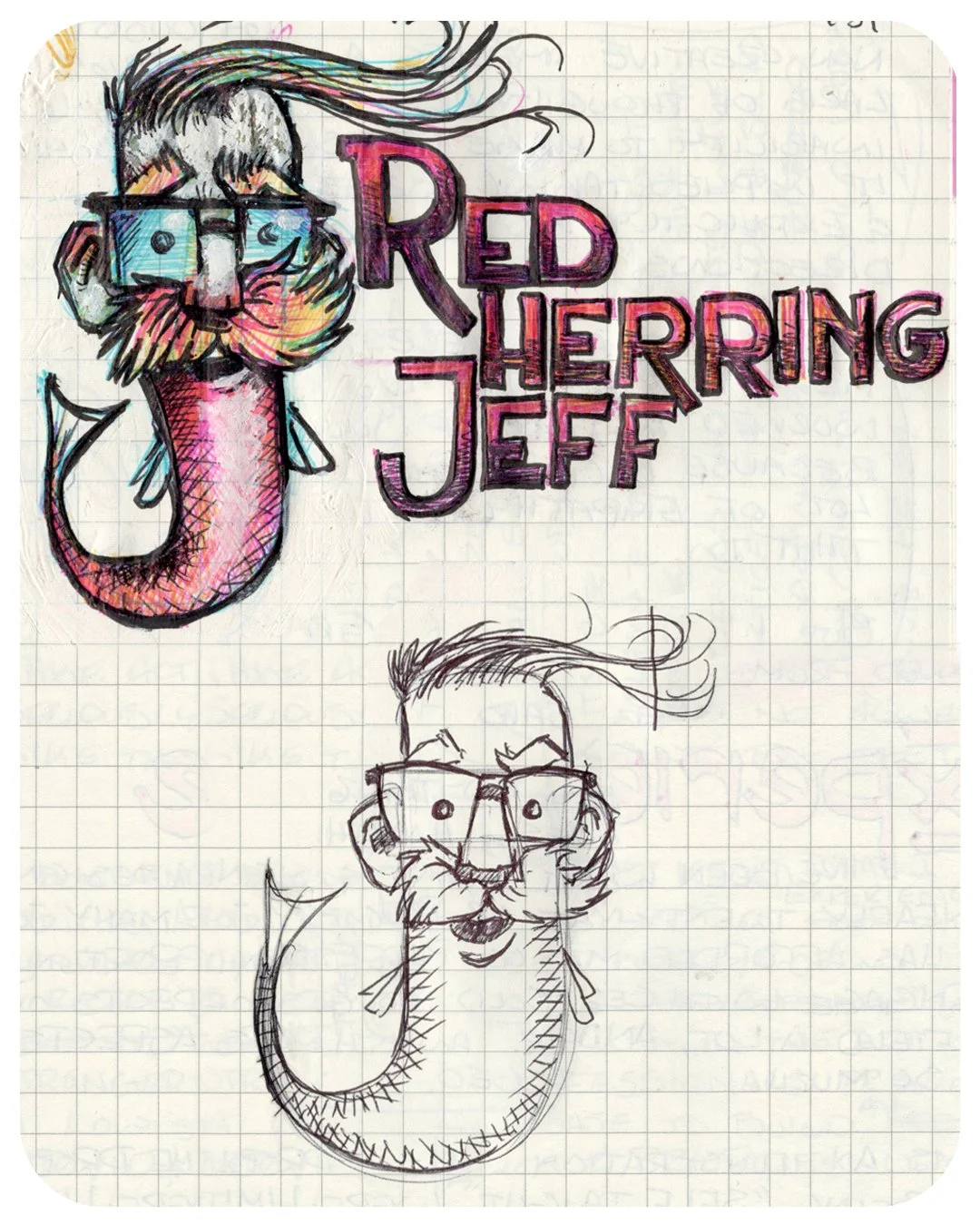 Page of approved sketches for Red Herring Jefficon and letterhead.