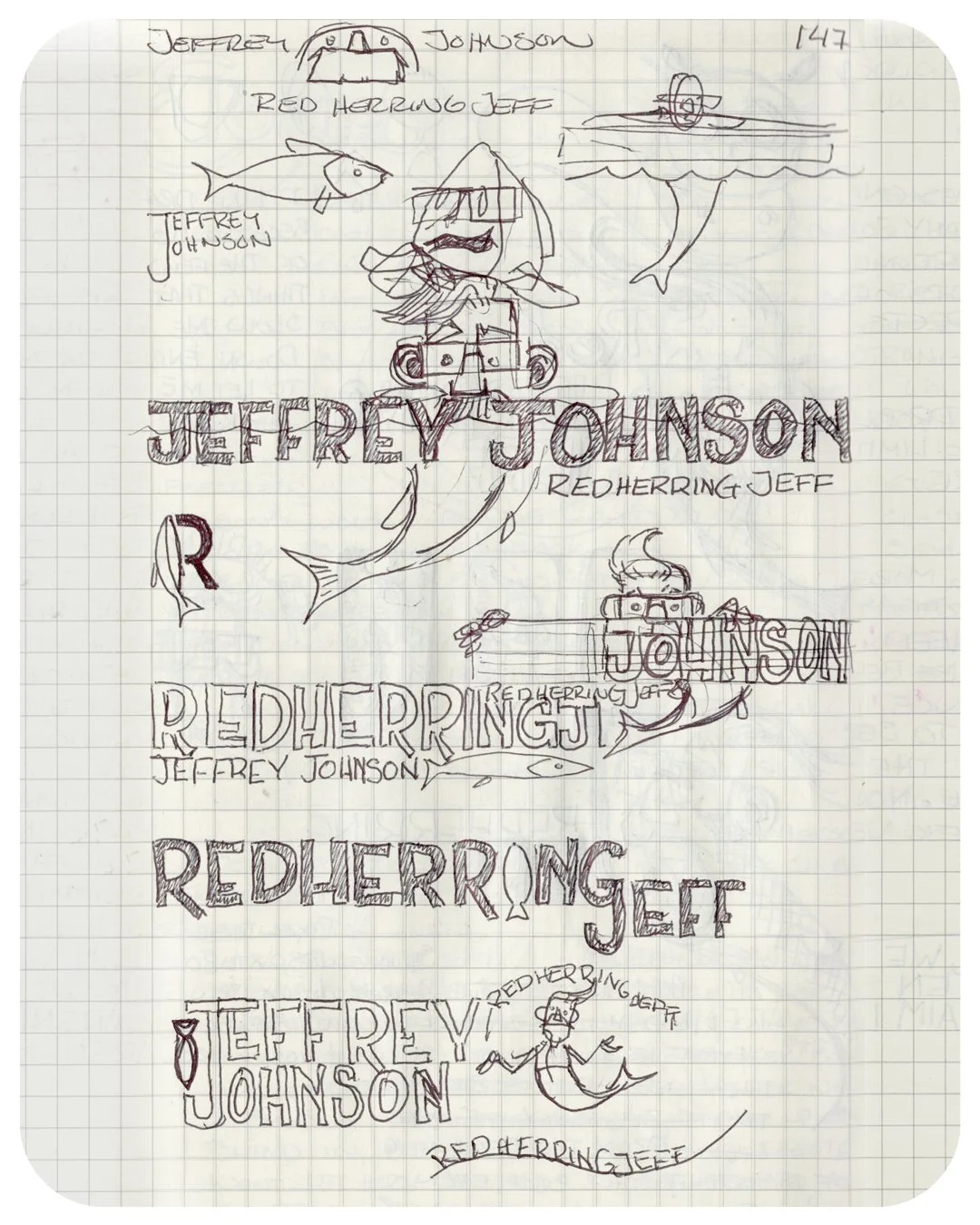 Page of icon and letterhead exploratory sketched for Red Herring Jeff.