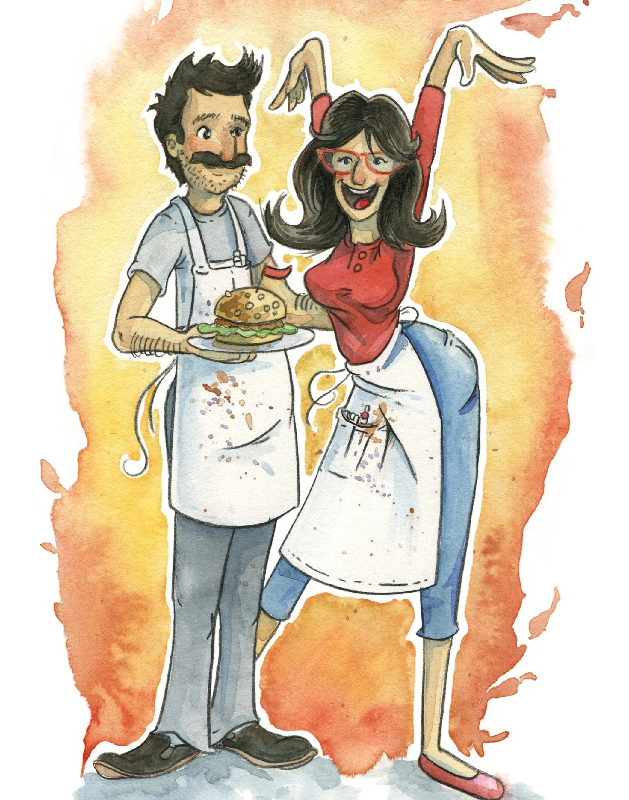 Watercolor Illustration of the main characters from the "Bob's Burgers" Animated Series.
