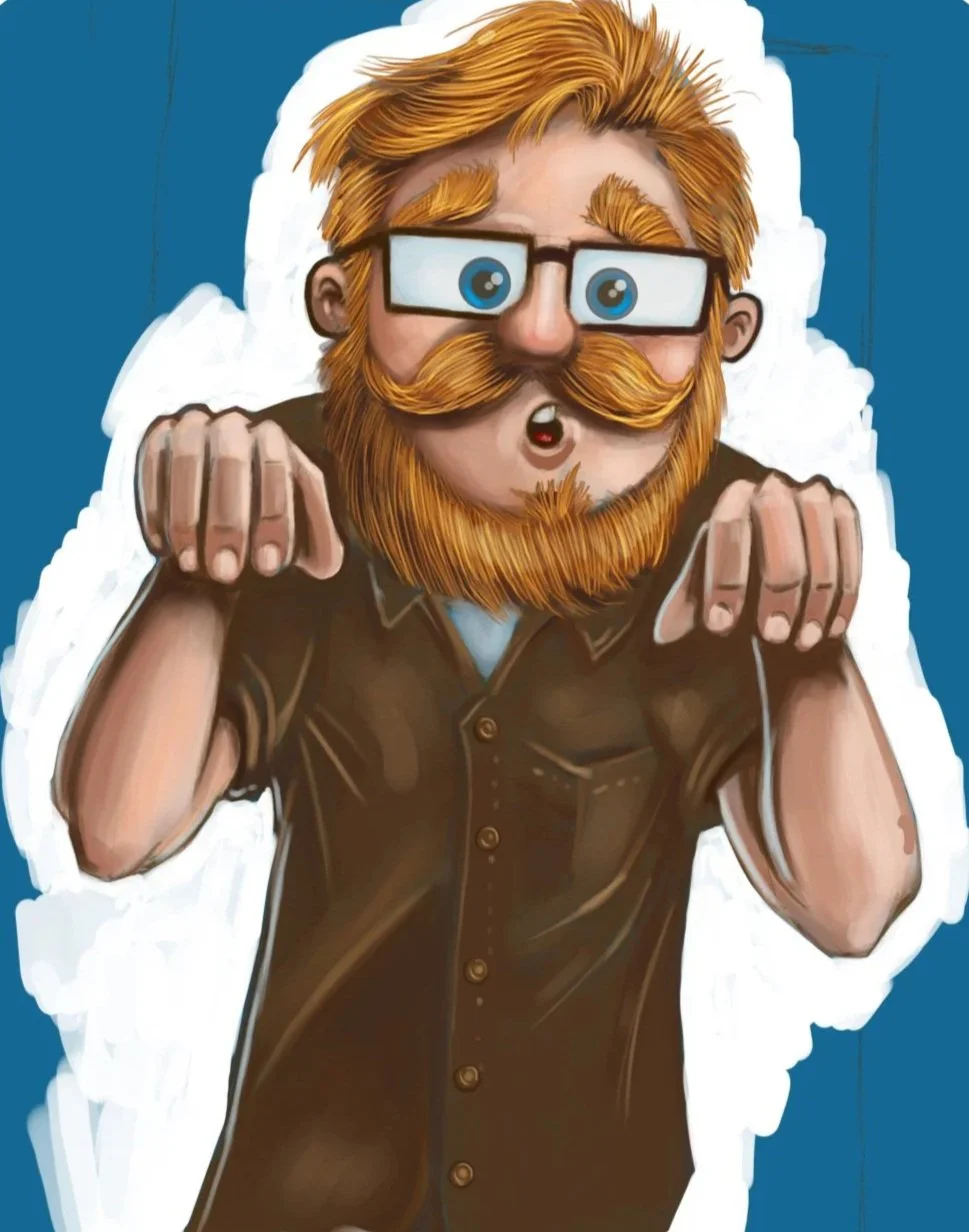 Digital cartoon illustration of the author, designed to be used as a bookmark.