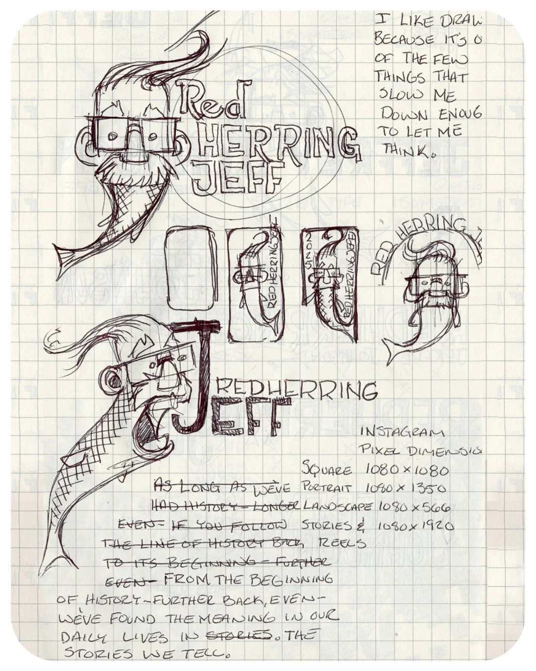 Page of icon and letterhead exploratory sketched for Red Herring Jeff.