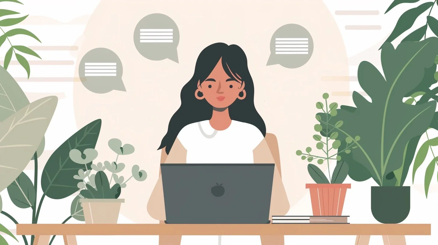 AI coaching for women entrepreneurs - illustration of woman using ChatGPT prompts at laptop workspace with plants.