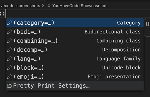 Unicode property menu