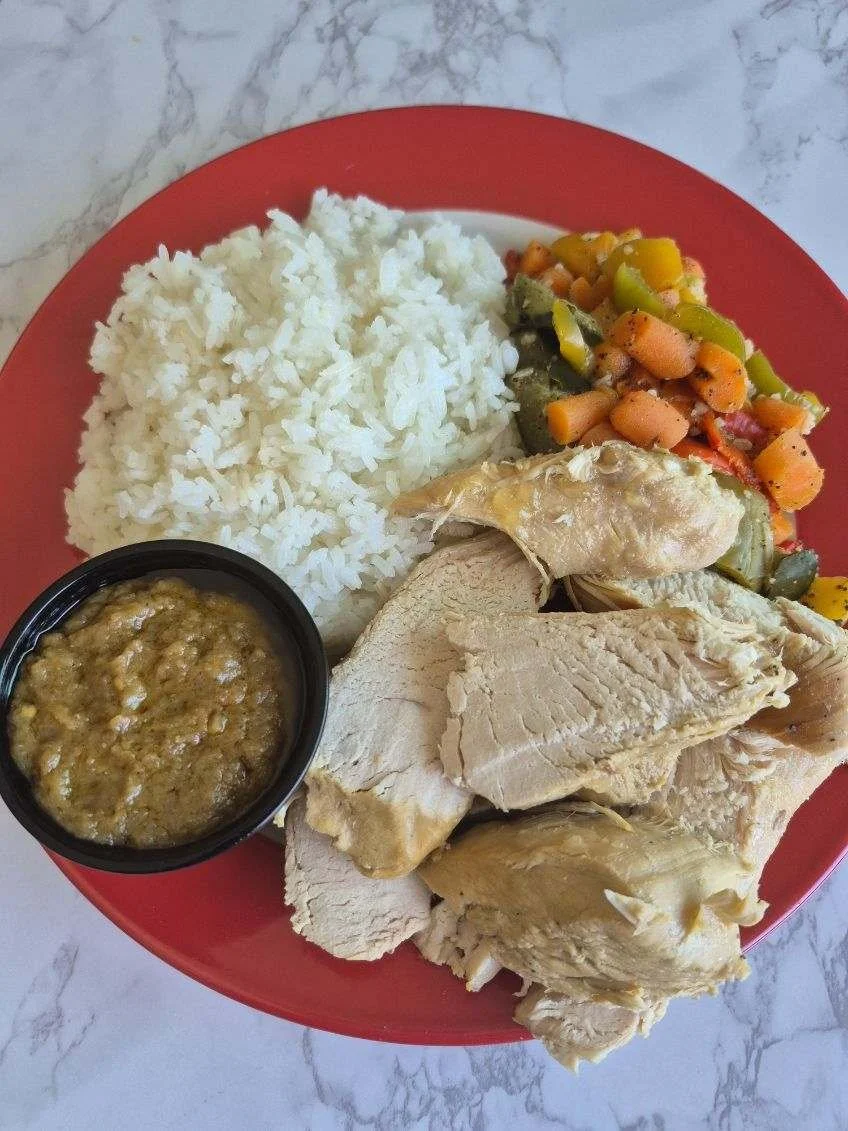 Tender Chicken Breast with Vegetables, Rice, Egg Plant Sauce