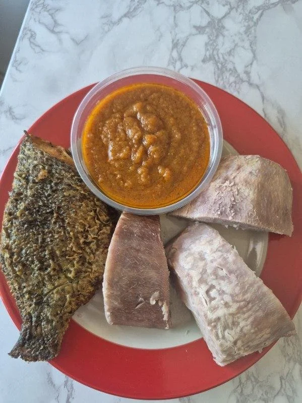 Red Yam with Fried Fish & Delicious Egg Plane Sauce