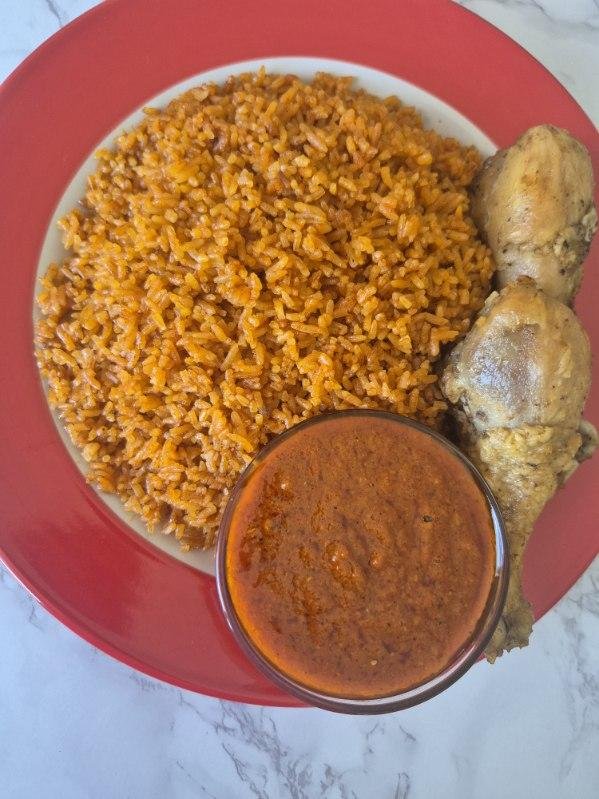 Jollof Rice with Fired Chicken & Red Bell Pepper Sauce